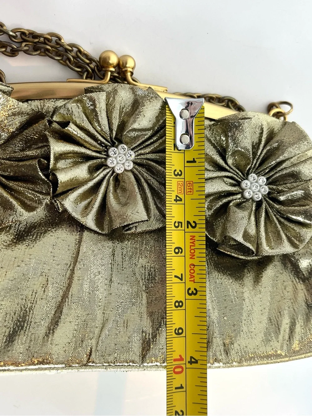 Gold Floral Accent Evening Clutch with Chain Strap by Sondra Roberts